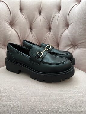 wild fable Black Lug Sole Loafers with Gold Bit